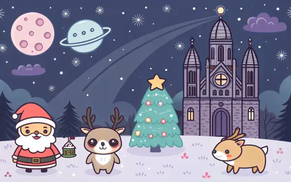 A whimsical Christmas scene featuring Santa, a reindeer, and a deer by a decorated tree and a castle under a starry sky, perfect as a cute 4K Ultra HD desktop wallpaper.