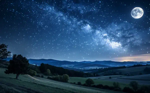 A breathtaking starry night scene featuring a vibrant Milky Way and a full moon illuminating rolling hills, perfect for a 4K Ultra HD PC desktop wallpaper.