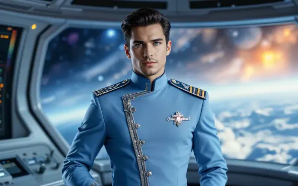 A starship captain in a detailed sci-fi uniform stands confidently inside a spaceship, with a stunning space view visible through the window in this 4K Ultra HD wallpaper.