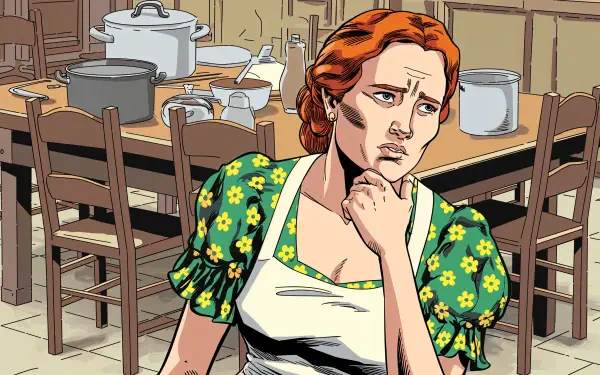 A woman with red hair and a floral dress sits thoughtfully in a kitchen surrounded by pots and utensils, captured in this 4K Ultra HD desktop wallpaper.