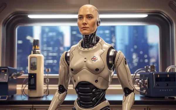 A Synthoid stands confidently in a futuristic environment, showcasing advanced robotics and technology, designed as a 4K Ultra HD PC desktop wallpaper and background.