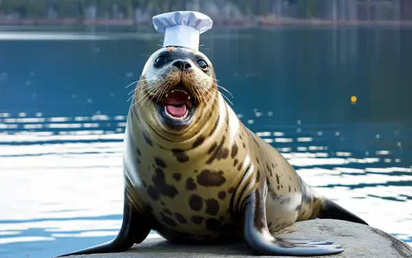 A cheerful seal wearing a chef's hat sits on a rock by the water, captured in vibrant detail, perfect for a 4K Ultra HD PC desktop wallpaper and background.