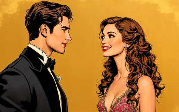 A vibrant 4K Ultra HD wallpaper featuring a flirtatious scene between a stylish man in a tuxedo and an elegant woman with curly hair, set against a warm yellow background.