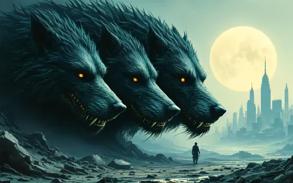 A dramatic 4K Ultra HD wallpaper featuring Cerberus, the three-headed dog, looming over a lone figure against a moonlit city skyline, evoking an epic and mysterious atmosphere.
