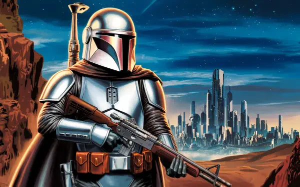 A futuristic bounty hunter stands confidently in a vibrant desert landscape, holding a rifle, with a sleek city skyline under a starry sky in the background. 4K Ultra HD wallpaper.