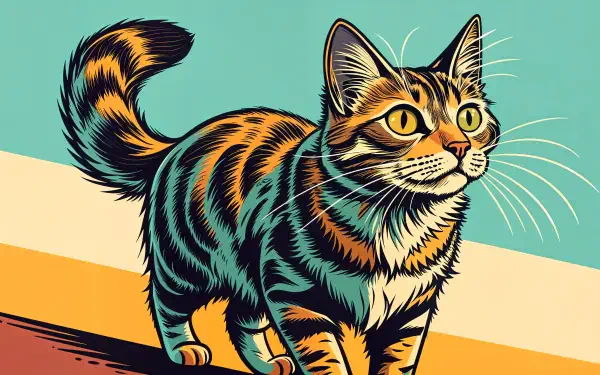 A vibrant illustration of a cat, showcasing striking stripes and expressive eyes, serves as a stunning 4K Ultra HD desktop wallpaper and background.