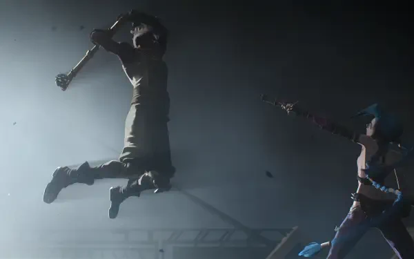 Action-packed scene from Arcane Season 2, featuring Ekko leaping with a weapon and Jinx aiming her gun, captured in stunning 4K Ultra HD.