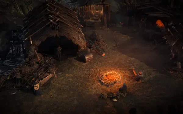 A dark, atmospheric scene from Path of Exile 2, showcasing a rustic settlement with a glowing campfire, scattered supplies, and a mysterious figure near a storage shed.