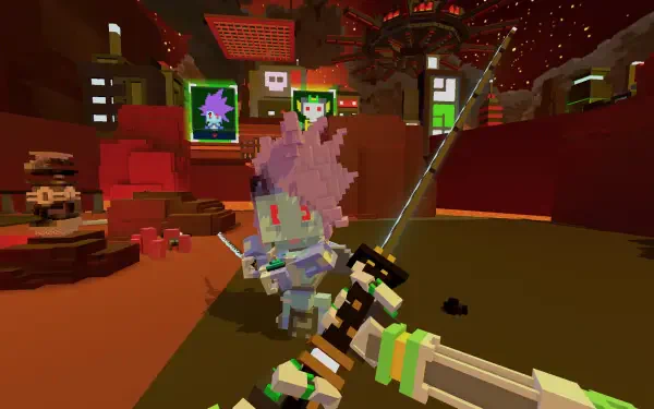 A vibrant HD wallpaper from the video game Clone Drone in the Hyperdome, showcasing a character with pink hair wielding a weapon in a dynamic, colorful arena.