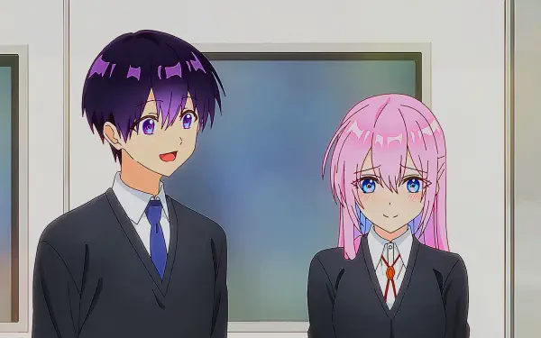 HD PC desktop wallpaper featuring Micchon Shikimori from the anime Shikimori's Not Just a Cutie, showcasing the characters in school uniforms against a classroom background.