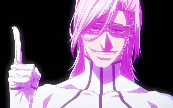 Anime-style 4K Ultra HD wallpaper featuring Szayelaporro Granz from Bleach: Thousand-Year Blood War, showcasing his distinctive pink hair and confident pose against a black background.