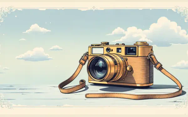A vintage camera sits on a wooden surface under a sky filled with soft clouds, captured in a colorful 4K Ultra HD wallpaper for a PC desktop background.