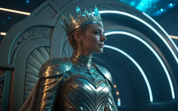 A sci-fi queen stands majestically in intricate silver armor, adorned with a shimmering crown, set against a futuristic backdrop of glowing arches and deep blue lights.