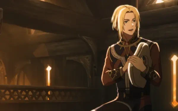 A captivating HD anime wallpaper from The Lord of the Rings: The War of the Rohirrim, featuring a character seated in a richly detailed interior, bathed in warm, atmospheric light.