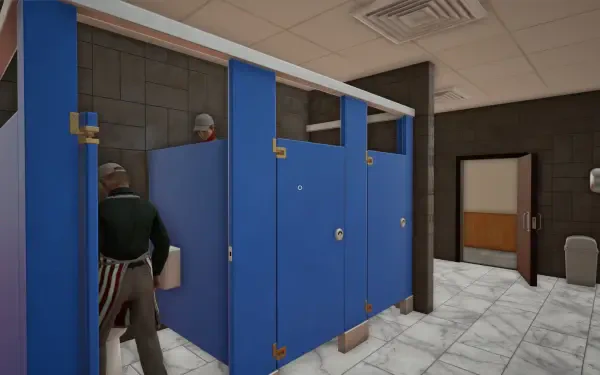 A scene from the video game Fast Food Simulator, featuring a restroom with blue stalls and characters interacting, showcased in vibrant 4K Ultra HD quality.