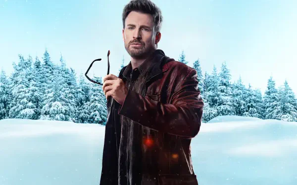 A promotional image from the movie Red One, featuring Chris Evans standing in a snow-covered landscape, holding glasses, set against a serene blue sky. 4K Ultra HD quality.