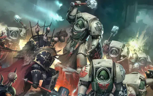 HD desktop wallpaper showcasing an intense battle scene from the Warhammer 40k universe featuring the Dark Angels chapter in dynamic combat.