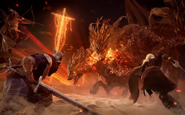A stunning 4K Ultra HD wallpaper from Elden Ring Nightreign, featuring a fierce battle against a fiery cerberus, with dynamic lighting and intense action.