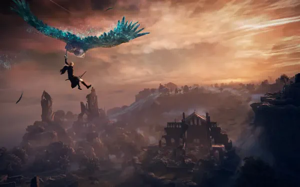 A stunning 4K Ultra HD wallpaper from Elden Ring, featuring a dramatic scene of a figure soaring through a mystical landscape, accompanied by a majestic bird against a vibrant sunset.