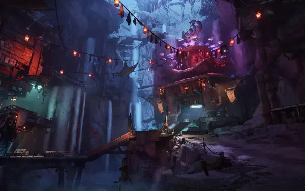 A captivating HD desktop wallpaper from Borderlands 4, featuring a vibrant, atmospheric setting with colorful lights and intricate architectural details amidst a rugged landscape.