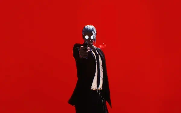 A striking 8K Ultra HD wallpaper featuring an anime character from Sakamoto Days, poised dramatically with a gun against a bold red background.