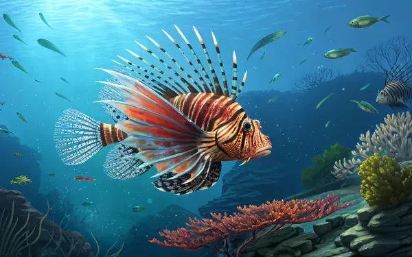 A vibrant lionfish swims gracefully in a coral reef, showcasing its striking colors and elaborate fins, captured in stunning 4K Ultra HD detail perfect for a desktop wallpaper.
