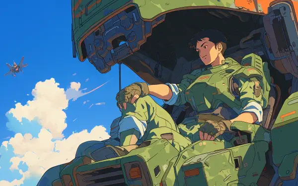 An anime mech pilot relaxes in a vibrant green mech against a backdrop of blue skies and fluffy clouds, captured in stunning 4K Ultra HD. A dynamic desktop wallpaper experience.