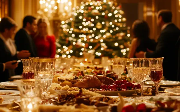 A festive holiday party scene featuring a beautifully set table laden with food and drinks, illuminated by a glowing Christmas tree in the background. 4K Ultra HD wallpaper backdrop.