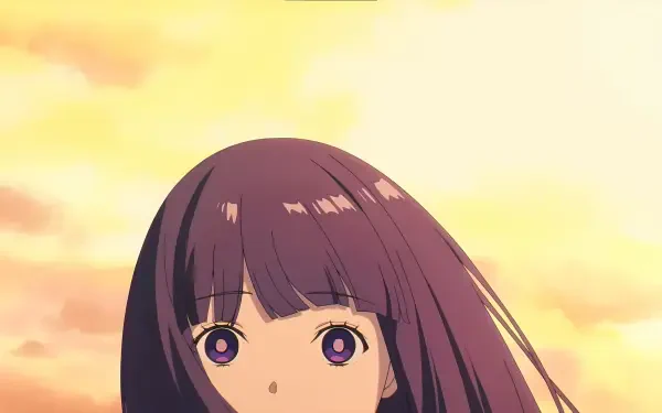 Fern (Frieren: Beyond Journey's End), anime portrait: purple hair, violet eyes, warm golden sky — 8K Ultra HD PC desktop wallpaper background.