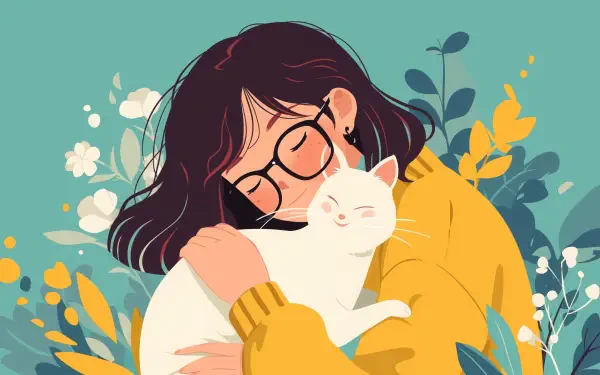 A cheerful person wearing glasses hugs a white cat amidst colorful flowers and greenery, creating a warm and joyful atmosphere. This vibrant illustration serves as a 4K Ultra HD wallpaper.
