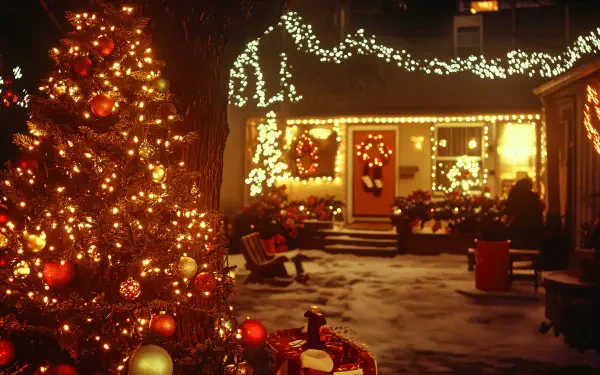 A vintage Christmas scene featuring a beautifully decorated tree with sparkling lights, surrounded by a cozy home adorned with festive decorations and a snowy landscape. 4K Ultra HD wallpaper.