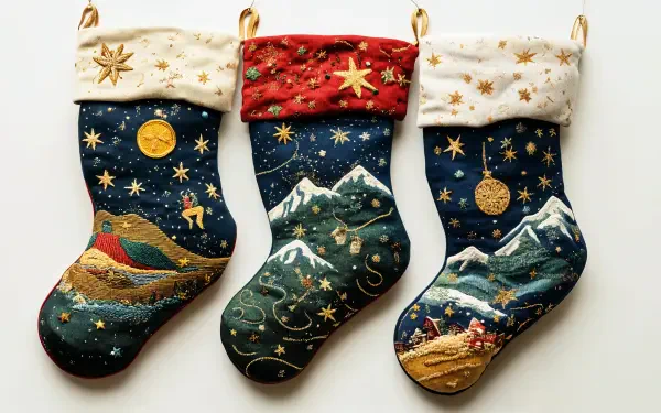 A vibrant 4K Ultra HD Christmas stocking wallpaper featuring three beautifully decorated stockings, adorned with festive stars, mountains, and holiday scenes.
