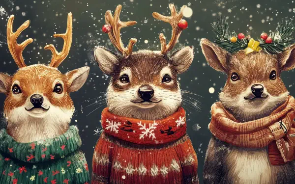 Charming festive animals in cozy sweaters celebrate the season against a snowy backdrop. This vibrant 4K Ultra HD wallpaper adds a joyful touch to any desktop.