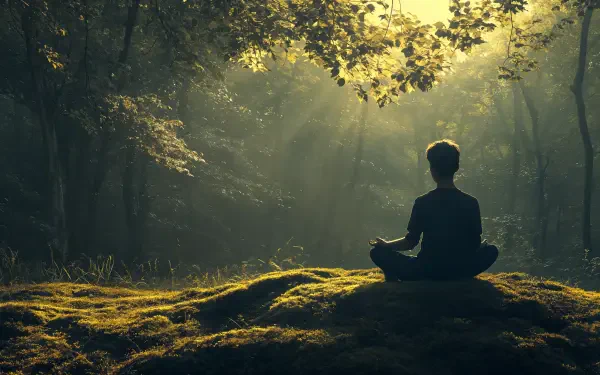 A serene image of a person meditating on mossy ground in a sunlit forest, embodying mindfulness, captured in stunning 4K Ultra HD for a calming desktop wallpaper.