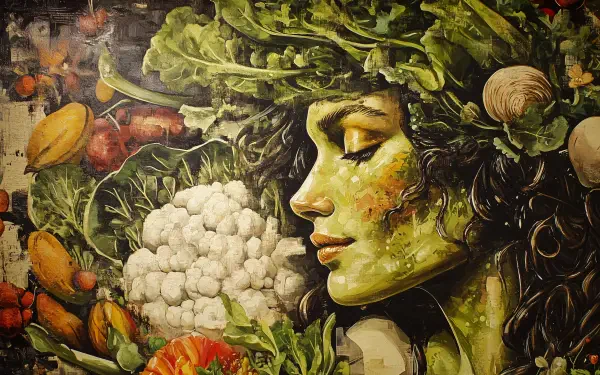 A vibrant, 4K Ultra HD artwork depicting a serene woman adorned with leafy greens and vegetables, celebrating vegetarian themes and nature's bounty.