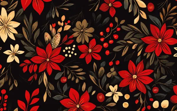 A vibrant holiday pattern featuring bold red flowers and golden accents against a dark background, designed as a 4K Ultra HD desktop wallpaper.
