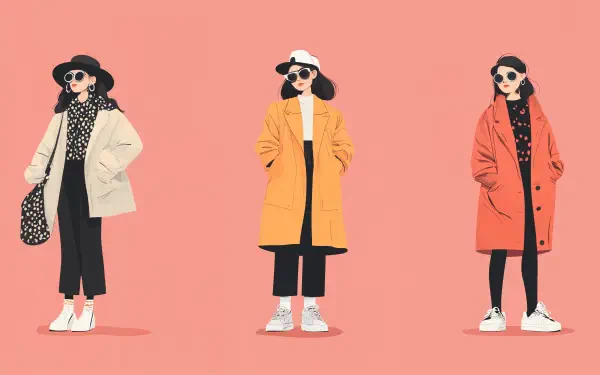 A trendy outfit illustration featuring three stylish women in fashionable coats and accessories, set against a vibrant pink background. 4K Ultra HD wallpaper for fashion enthusiasts.