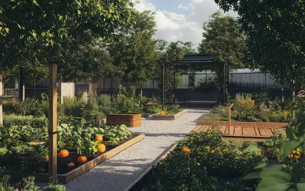 A vibrant urban garden featuring lush greenery, raised beds with vegetables, and pathways, captured in stunning 4K Ultra HD for a refreshing desktop background.