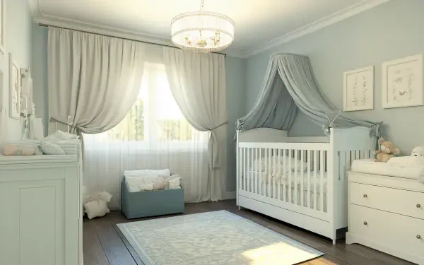 A serene nursery featuring a white crib, soft blue curtains, and gentle lighting, beautifully captured in this 4K Ultra HD wallpaper and background.
