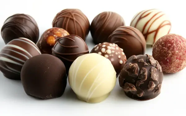 A visually enticing collection of artisanal chocolate truffles in various colors and designs, set against a clean background, perfect for a 4K Ultra HD desktop wallpaper.