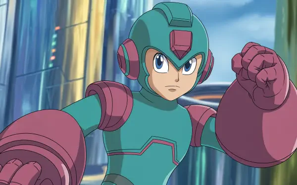 A vibrant 4K Ultra HD wallpaper featuring Mega Man, showcasing the character in action with a determined expression and iconic armor set against a futuristic background.