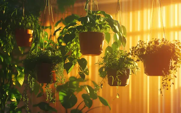 Five hanging plants in terracotta pots dangle in front of softly lit sheer curtains, creating a serene and vibrant atmosphere. A beautiful 4K Ultra HD desktop wallpaper and background.
