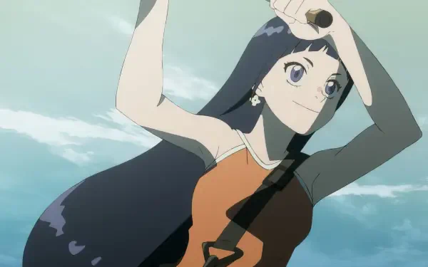 Anime-style HD desktop wallpaper featuring a character with long dark hair striking a dynamic pose under a cloudy sky, showcasing a blend of negative and positive angler elements.