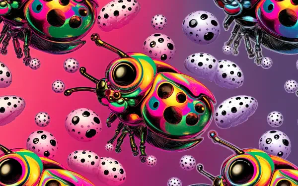 A vibrant, trippy pattern featuring colorful ladybugs and dotted eggs against a gradient background, designed as a 4K Ultra HD PC desktop wallpaper.