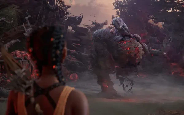 A scene from the video game *South of Midnight,* showcasing a character gazing at a towering creature amidst an enchanting, misty landscape in stunning 4K Ultra HD.