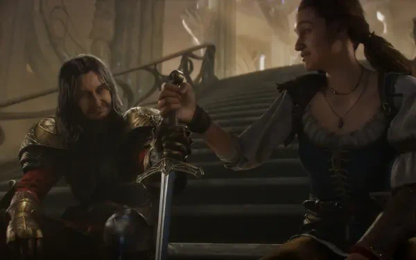 High-definition wallpaper from the upcoming video game Fable (2025), featuring two characters on stairs, one handing a sword to the other, set in a detailed fantasy environment.