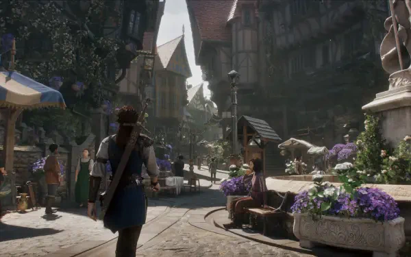 A vibrant street scene from the video game Fable (2025), featuring charming architecture, lush flowers, and characters interacting in a lively marketplace. HD wallpaper for PC.