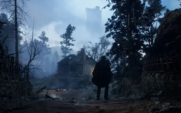 A dramatic HD wallpaper from the video game Hell is Us, featuring a shadowy figure standing on a misty path, surrounded by trees and a haunting landscape.