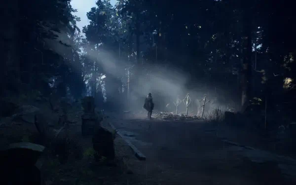 A mysterious scene from the video game Hell is Us, featuring a solitary figure walking through a dimly lit cemetery surrounded by trees, creating an eerie atmosphere. HD PC desktop wallpaper.