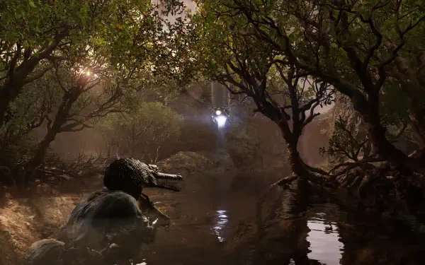 A serene HD wallpaper from Metal Gear Solid Δ: Snake Eater, featuring a tranquil swamp scene with lush trees and a hidden crocodile, capturing the essence of stealth and espionage.